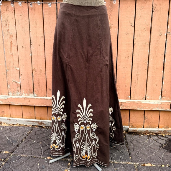 Y2K Boho Beaded Embroidered Chocolate brown maxi skirt - Picture 1 of 9